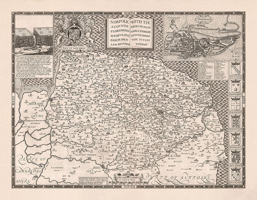 Ancienne carte de Norfolk, 1611 de John Speed ​​- Norwich, Great Yarmouth, King&