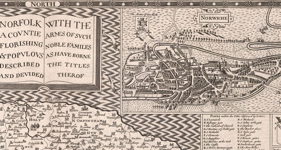 Ancienne carte de Norfolk, 1611 de John Speed ​​- Norwich, Great Yarmouth, King&