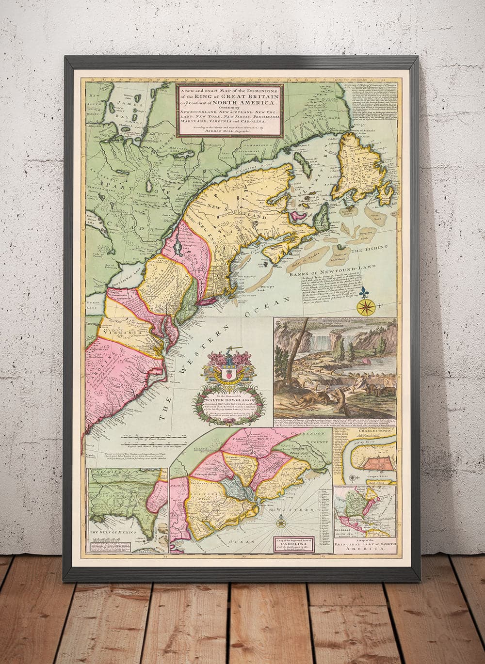 Alte Karte von Nordamerika 1715 von Herman Moll - Neuengland, Neuschottland, New York, Carolina, Französisch & Dreizehn britische Kolonien 