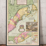 Ancienne carte de l'Amérique du Nord 1715 par Herman Moll - Nouvelle-Angleterre, Nouvelle Écosse, New York, Caroline, Français et treize Colonies britanniques