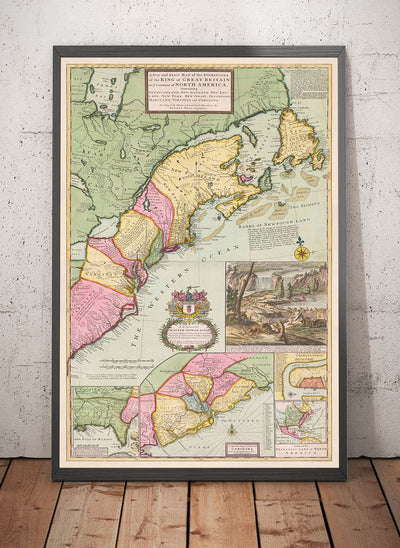 Alte Karte von Nordamerika 1715 von Herman Moll - Neuengland, Neuschottland, New York, Carolina, Französisch & Dreizehn britische Kolonien 