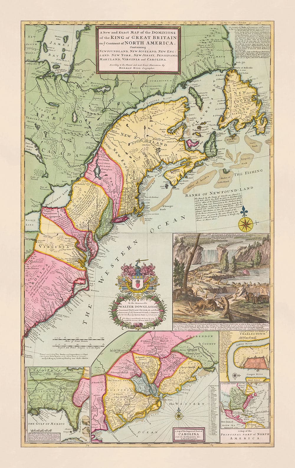 Alte Karte von Nordamerika 1715 von Herman Moll - Neuengland, Neuschottland, New York, Carolina, Französisch & Dreizehn britische Kolonien 