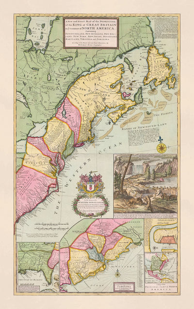Alte Karte von Nordamerika 1715 von Herman Moll - Neuengland, Neuschottland, New York, Carolina, Französisch & Dreizehn britische Kolonien 