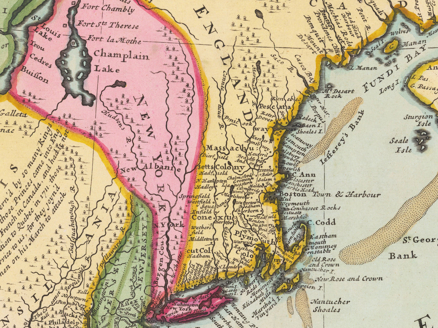 Alte Karte von Nordamerika 1715 von Herman Moll - Neuengland, Neuschottland, New York, Carolina, Französisch & Dreizehn britische Kolonien 