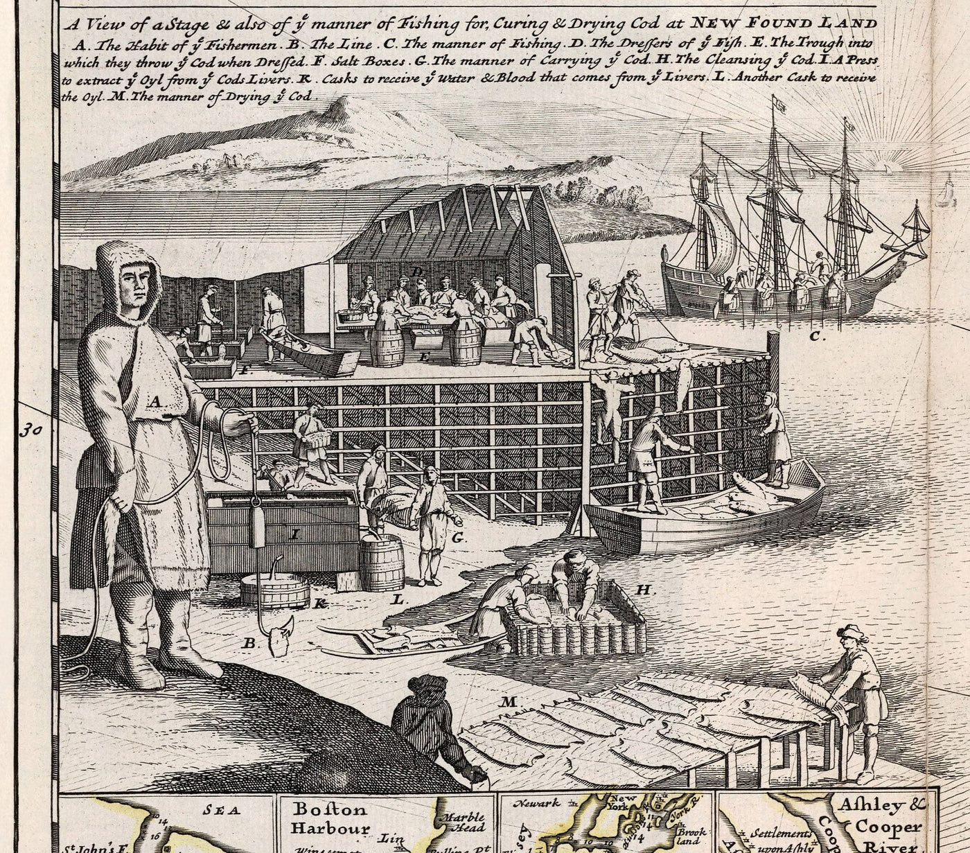 Mapa antiguo de América del Norte, 1719 por Herman Moll - EE. UU., Canadá, México, Caribe, Latín, Atlántico, Pacífico - El 'mapa de bacalao'