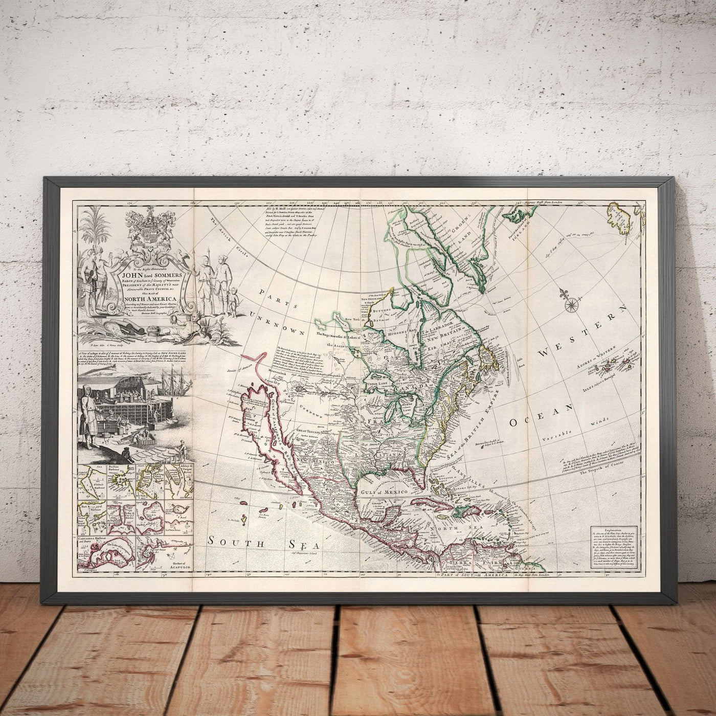 Mapa antiguo de América del Norte, 1719 por Herman Moll - EE. UU., Canadá, México, Caribe, Latín, Atlántico, Pacífico - El 'mapa de bacalao'