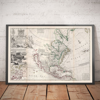 Mapa antiguo de América del Norte, 1719 por Herman Moll - EE. UU., Canadá, México, Caribe, Latín, Atlántico, Pacífico - El 'mapa de bacalao'