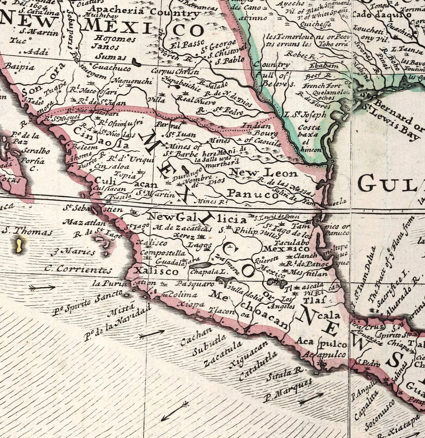 Mapa antiguo de América del Norte, 1719 por Herman Moll - EE. UU., Canadá, México, Caribe, Latín, Atlántico, Pacífico - El 'mapa de bacalao'