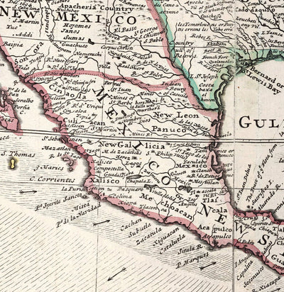 Mapa antiguo de América del Norte, 1719 por Herman Moll - EE. UU., Canadá, México, Caribe, Latín, Atlántico, Pacífico - El 'mapa de bacalao'