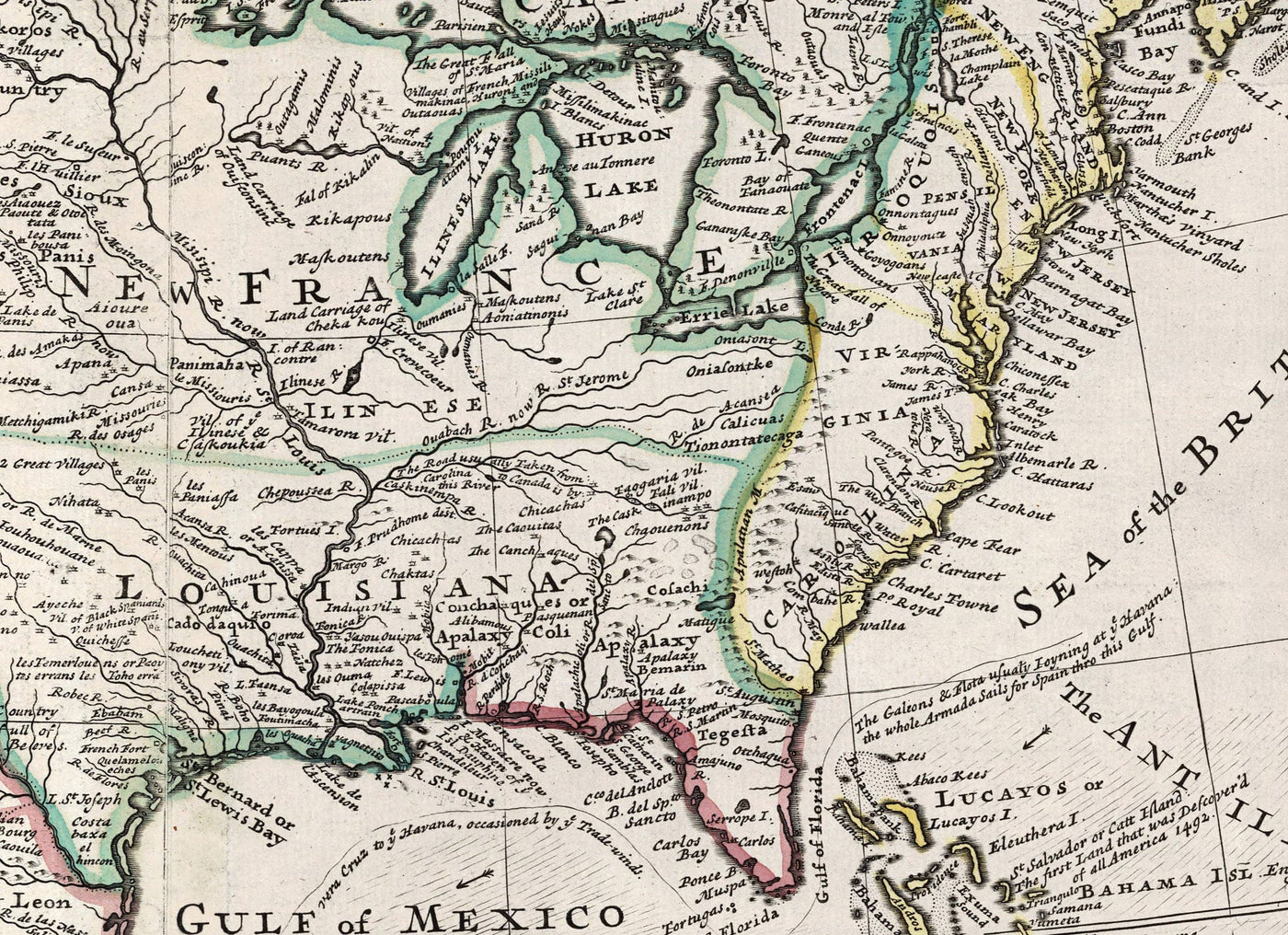 Mapa antiguo de América del Norte, 1719 por Herman Moll - EE. UU., Canadá, México, Caribe, Latín, Atlántico, Pacífico - El 'mapa de bacalao'