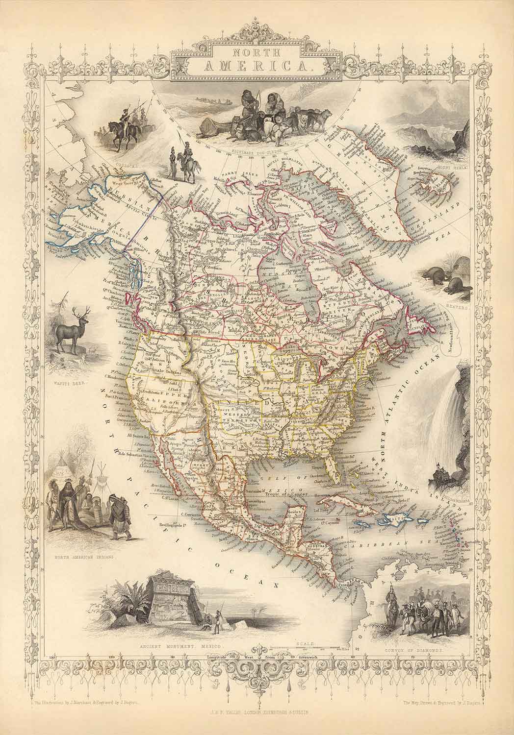 Alte Karte von Nordamerika, 1851 von Tallis & Rapkin - Illustriertes USA, Kanada, Mexiko, Eskimos, Biber, Einheimische 