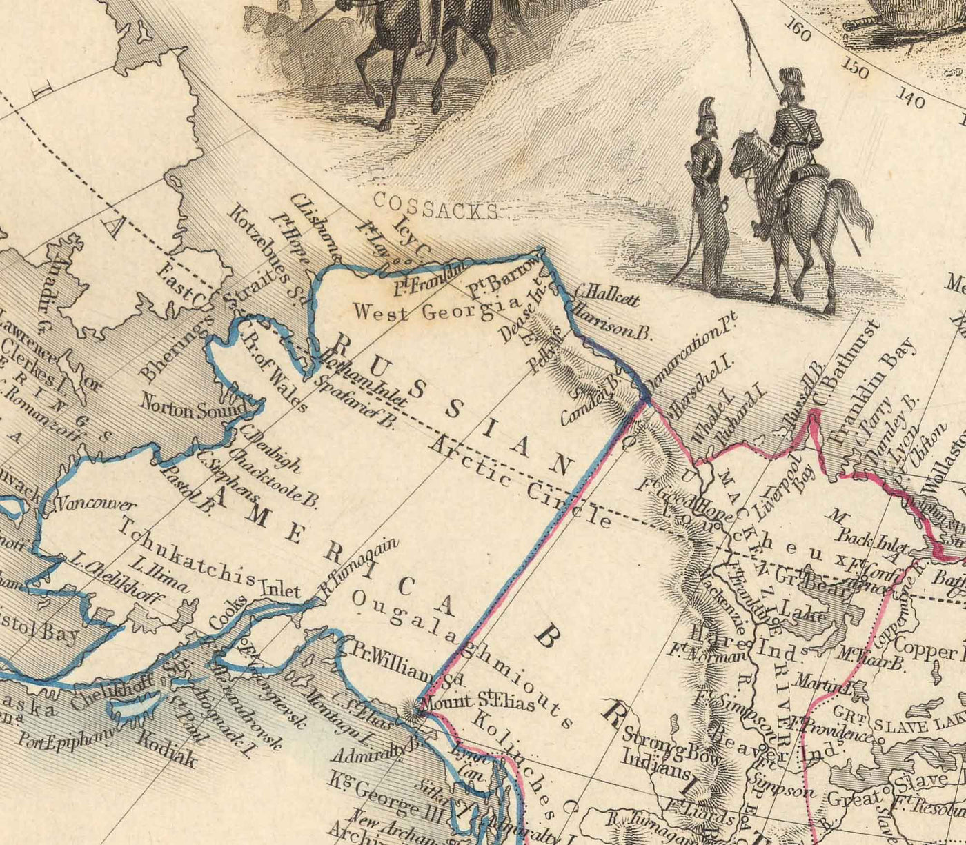 Alte Karte von Nordamerika, 1851 von Tallis & Rapkin - Illustriertes USA, Kanada, Mexiko, Eskimos, Biber, Einheimische 