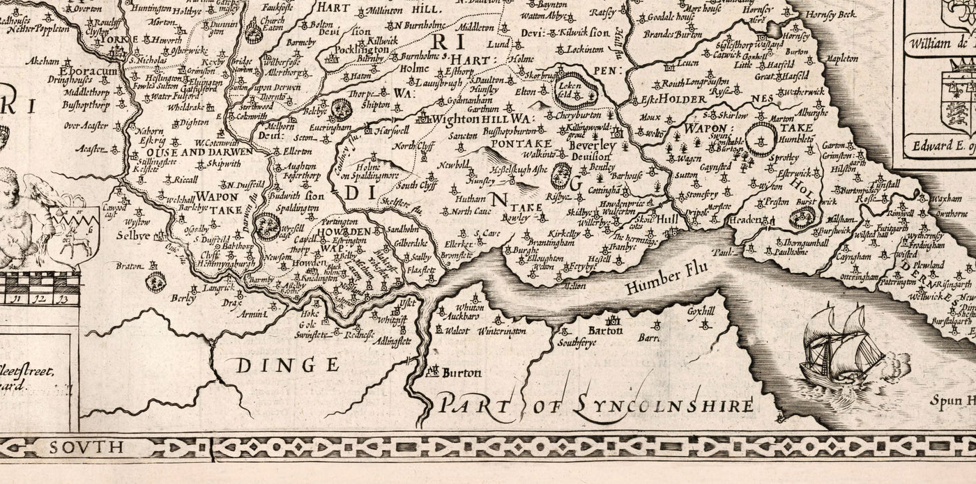 Old Map of North and East Yorkshire, 1611 by John Speed - Hull, York, Middlesbrough, Harrogate