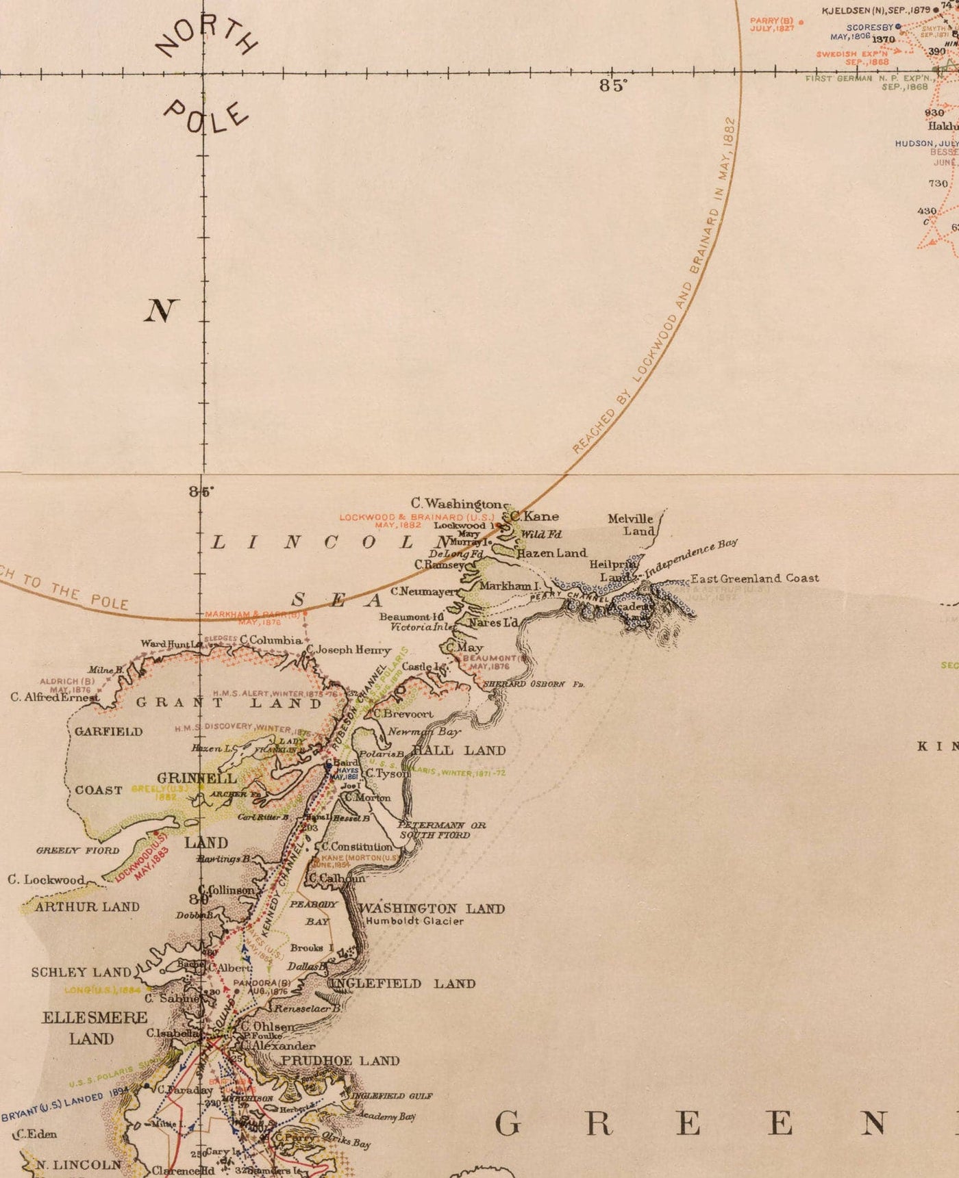 Old North Pole Exploration Map, 1896 by US Navy - Svalbard, Iceland, Greenland, Arctic Circle Explorers