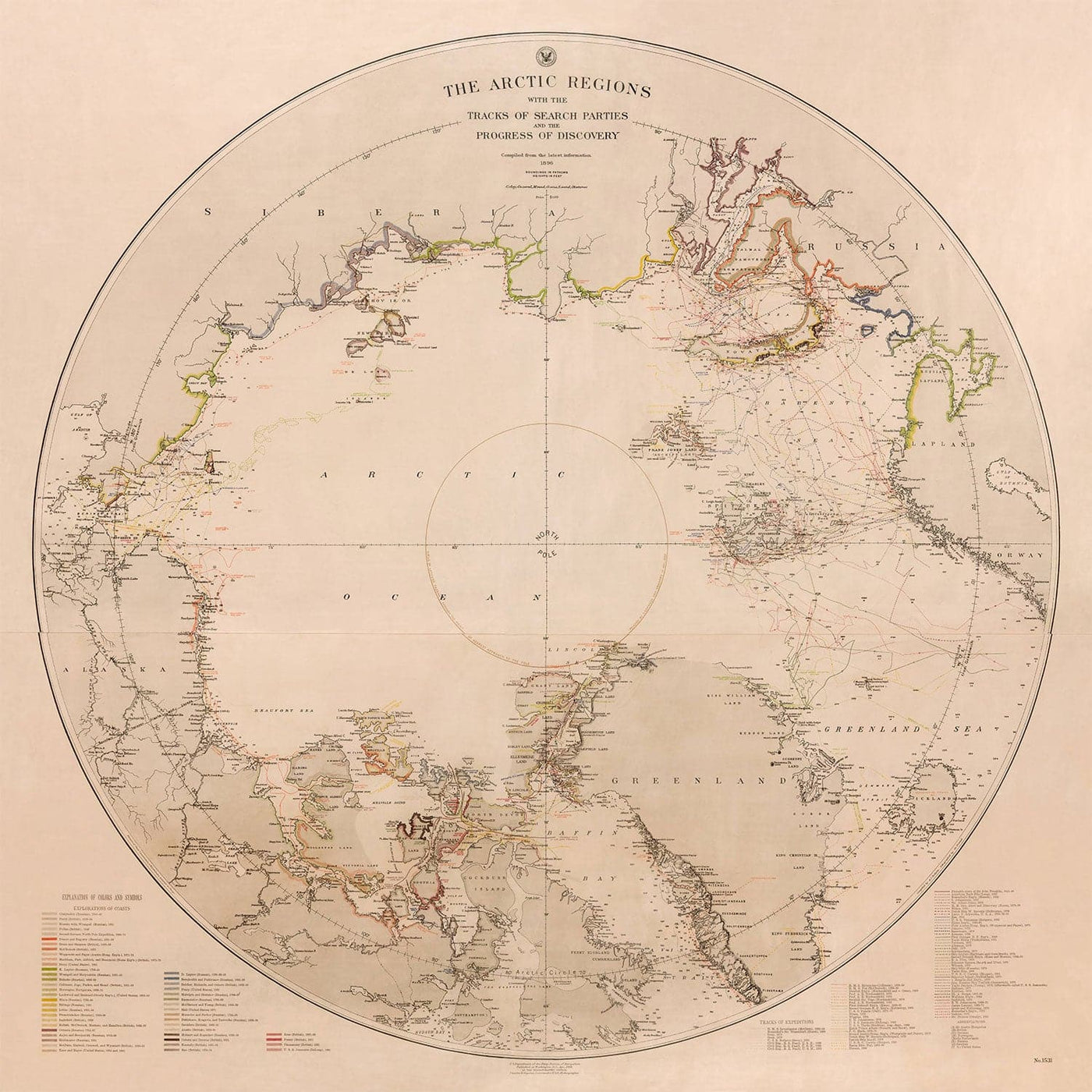 Old North Pole Exploration Map, 1896 by US Navy - Svalbard, Iceland, Greenland, Arctic Circle Explorers