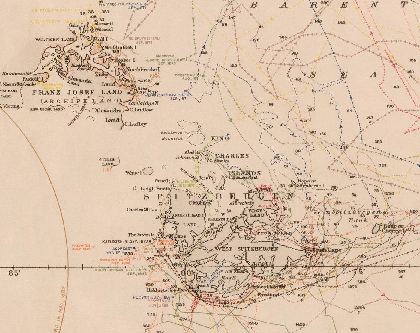 Old North Pole Exploration Map, 1896 by US Navy - Svalbard, Iceland, Greenland, Arctic Circle Explorers