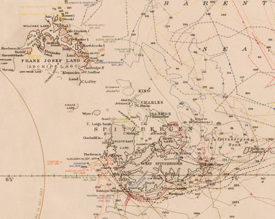 Old North Pole Exploration Map, 1896 by US Navy - Svalbard, Iceland, Greenland, Arctic Circle Explorers