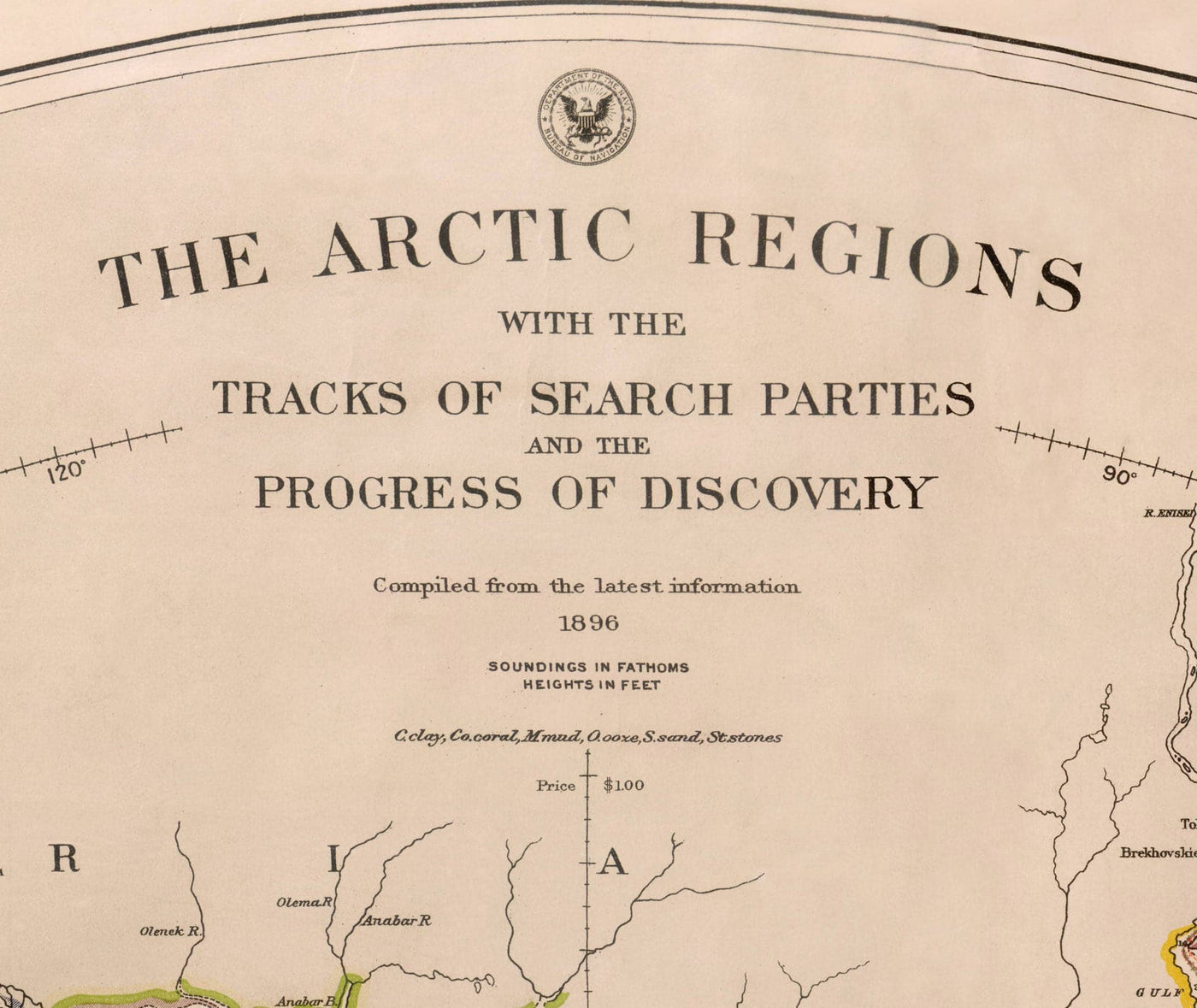 Old North Pole Exploration Map, 1896 by US Navy - Svalbard, Iceland, Greenland, Arctic Circle Explorers