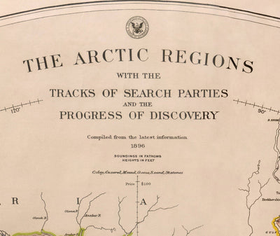 Old North Pole Exploration Map, 1896 by US Navy - Svalbard, Iceland, Greenland, Arctic Circle Explorers