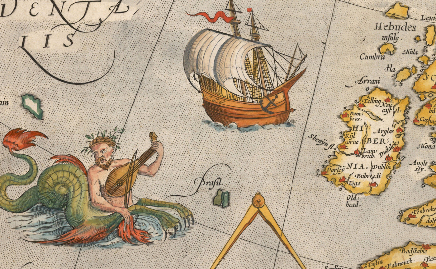 Old Map of North Sea and Atlantic, 1575 with Mythical Frisland by Abraham Ortelius - Scandinavia, British Isles, Iceland, Greenland