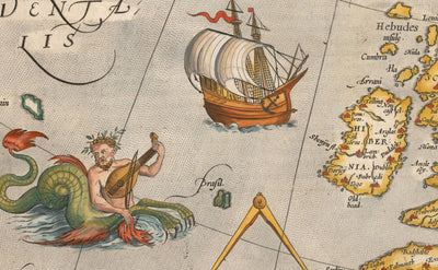 Old Map of North Sea and Atlantic, 1575 with Mythical Frisland by Abraham Ortelius - Scandinavia, British Isles, Iceland, Greenland