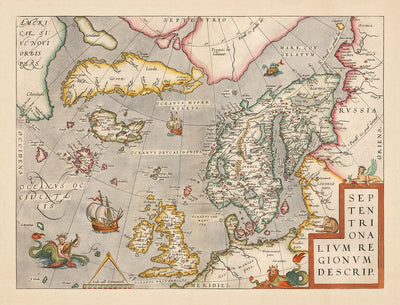 Old Map of North Sea and Atlantic, 1575 with Mythical Frisland by Abraham Ortelius - Scandinavia, British Isles, Iceland, Greenland