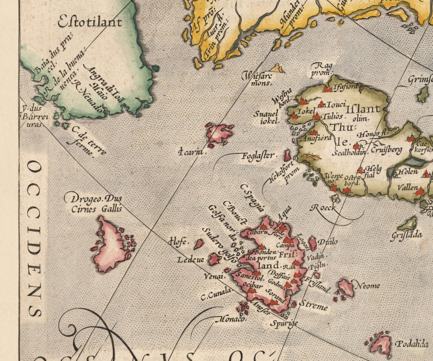 Old Map of North Sea and Atlantic, 1575 with Mythical Frisland by Abraham Ortelius - Scandinavia, British Isles, Iceland, Greenland