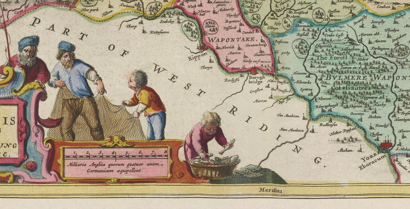 Ancienne carte de North Yorkshire, 1665 par Joan Blaeu - York, Middlesbrough, Scarborough, Whitby, Malton, Pickering, Richmond