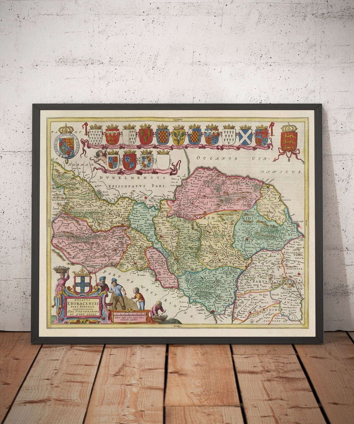 Ancienne carte de North Yorkshire, 1665 par Joan Blaeu - York, Middlesbrough, Scarborough, Whitby, Malton, Pickering, Richmond