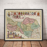 Ancienne carte de North Yorkshire, 1665 par Joan Blaeu - York, Middlesbrough, Scarborough, Whitby, Malton, Pickering, Richmond