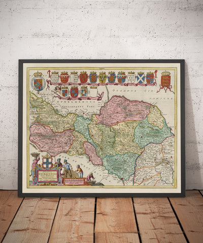 Ancienne carte de North Yorkshire, 1665 par Joan Blaeu - York, Middlesbrough, Scarborough, Whitby, Malton, Pickering, Richmond