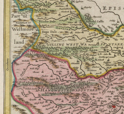 Ancienne carte de North Yorkshire, 1665 par Joan Blaeu - York, Middlesbrough, Scarborough, Whitby, Malton, Pickering, Richmond