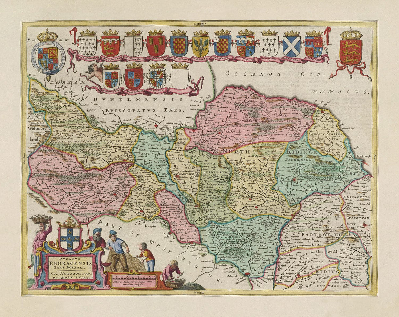 Ancienne carte de North Yorkshire, 1665 par Joan Blaeu - York, Middlesbrough, Scarborough, Whitby, Malton, Pickering, Richmond
