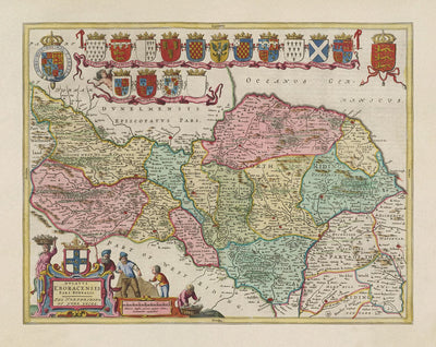 Ancienne carte de North Yorkshire, 1665 par Joan Blaeu - York, Middlesbrough, Scarborough, Whitby, Malton, Pickering, Richmond