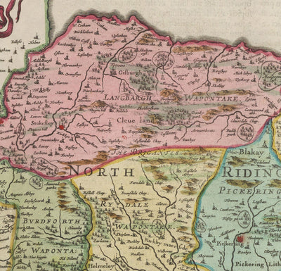 Ancienne carte de North Yorkshire, 1665 par Joan Blaeu - York, Middlesbrough, Scarborough, Whitby, Malton, Pickering, Richmond