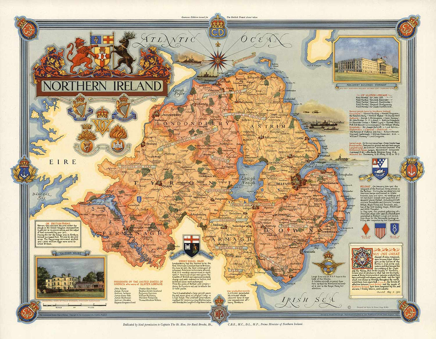 Ancienne carte de l'Irlande du Nord, Ulster de Ernest Clegg, 1947 - Eire, Antrim, Belfast, Londonderry, Lough Neagh, Down