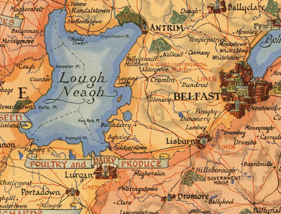 Ancienne carte de l'Irlande du Nord, Ulster de Ernest Clegg, 1947 - Eire, Antrim, Belfast, Londonderry, Lough Neagh, Down