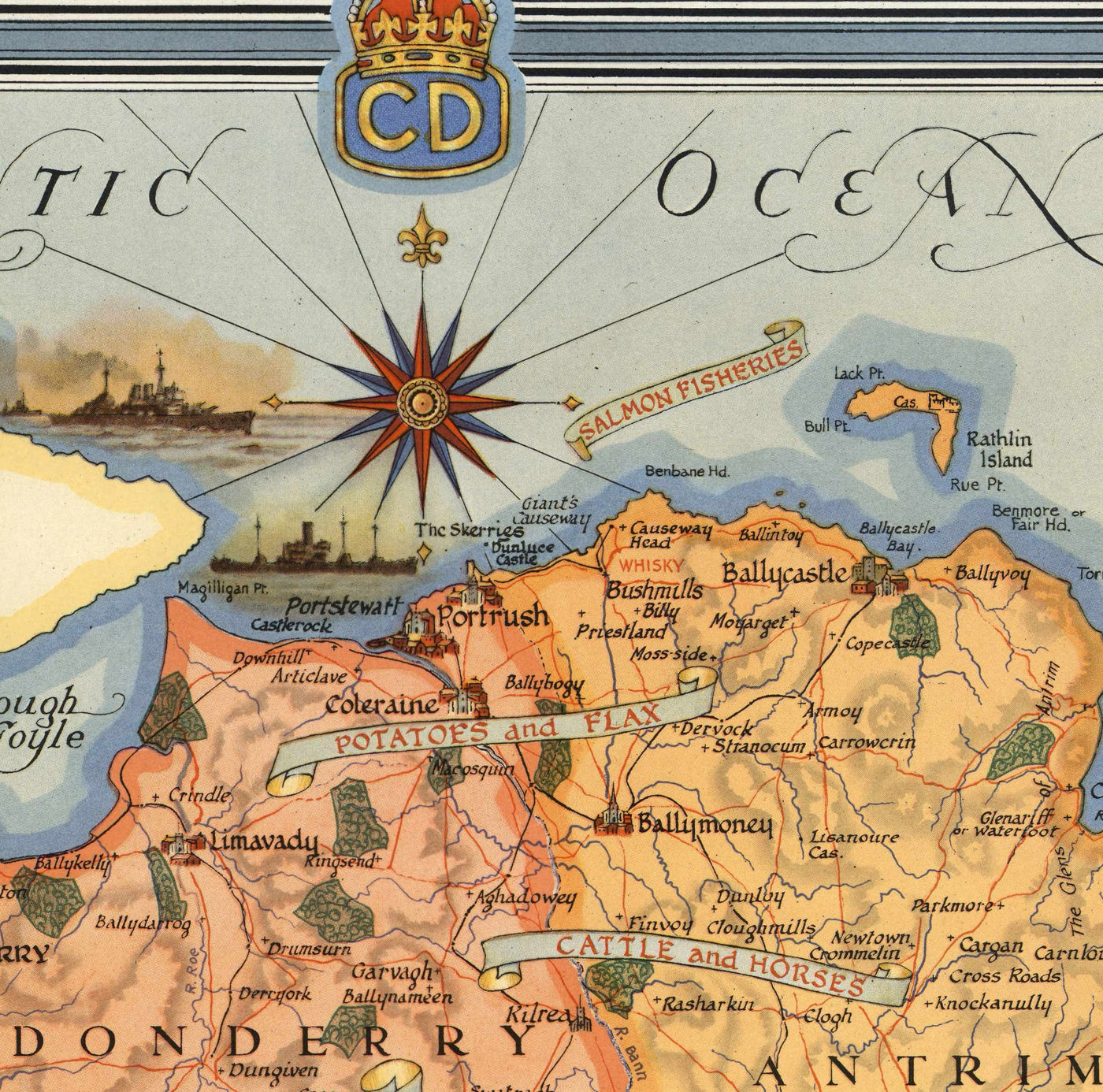 Ancienne carte de l'Irlande du Nord, Ulster de Ernest Clegg, 1947 - Eire, Antrim, Belfast, Londonderry, Lough Neagh, Down