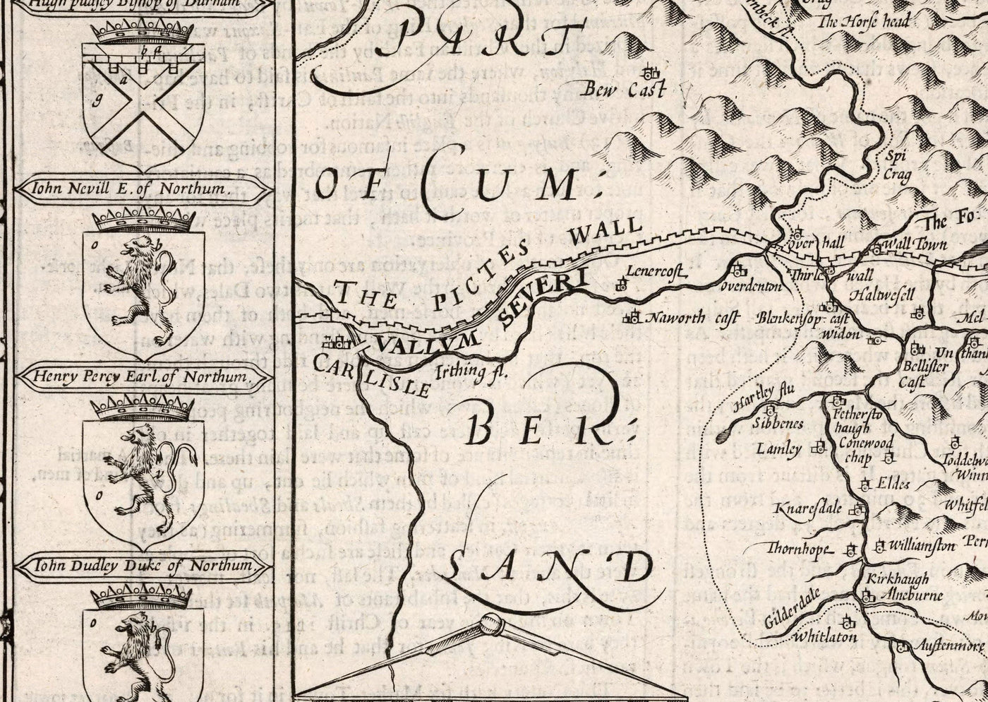 Old Map of Northumberland in 1611 - Newcastle, Gateshead, Hadrian's Wall, South Shields, Tyne and Wear
