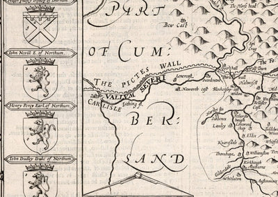 Old Map of Northumberland in 1611 - Newcastle, Gateshead, Hadrian's Wall, South Shields, Tyne and Wear