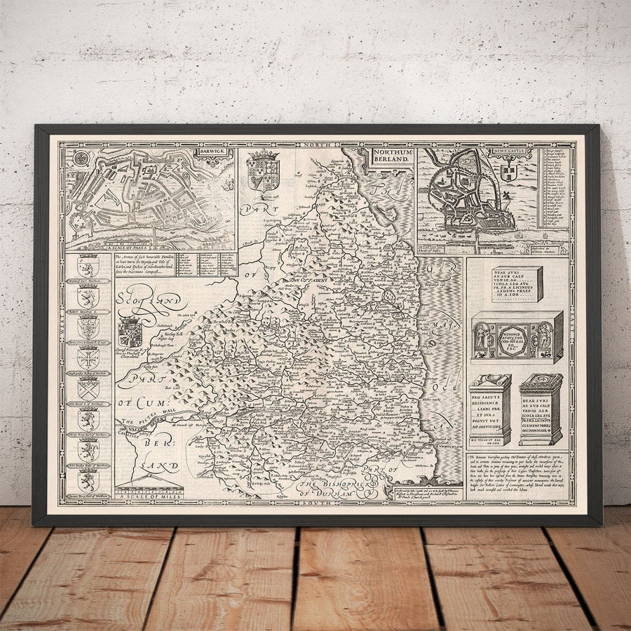 Ancienne carte de Northumberland en 1611 - Newcastle, Gateshead, Mur d&