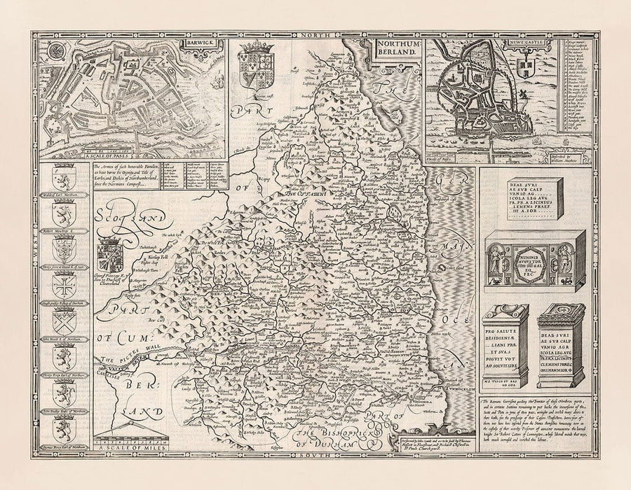 Ancienne carte de Northumberland en 1611 - Newcastle, Gateshead, Mur d&