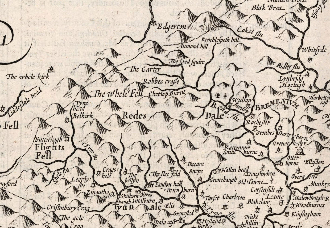 Old Map of Northumberland in 1611 - Newcastle, Gateshead, Hadrian's Wall, South Shields, Tyne and Wear