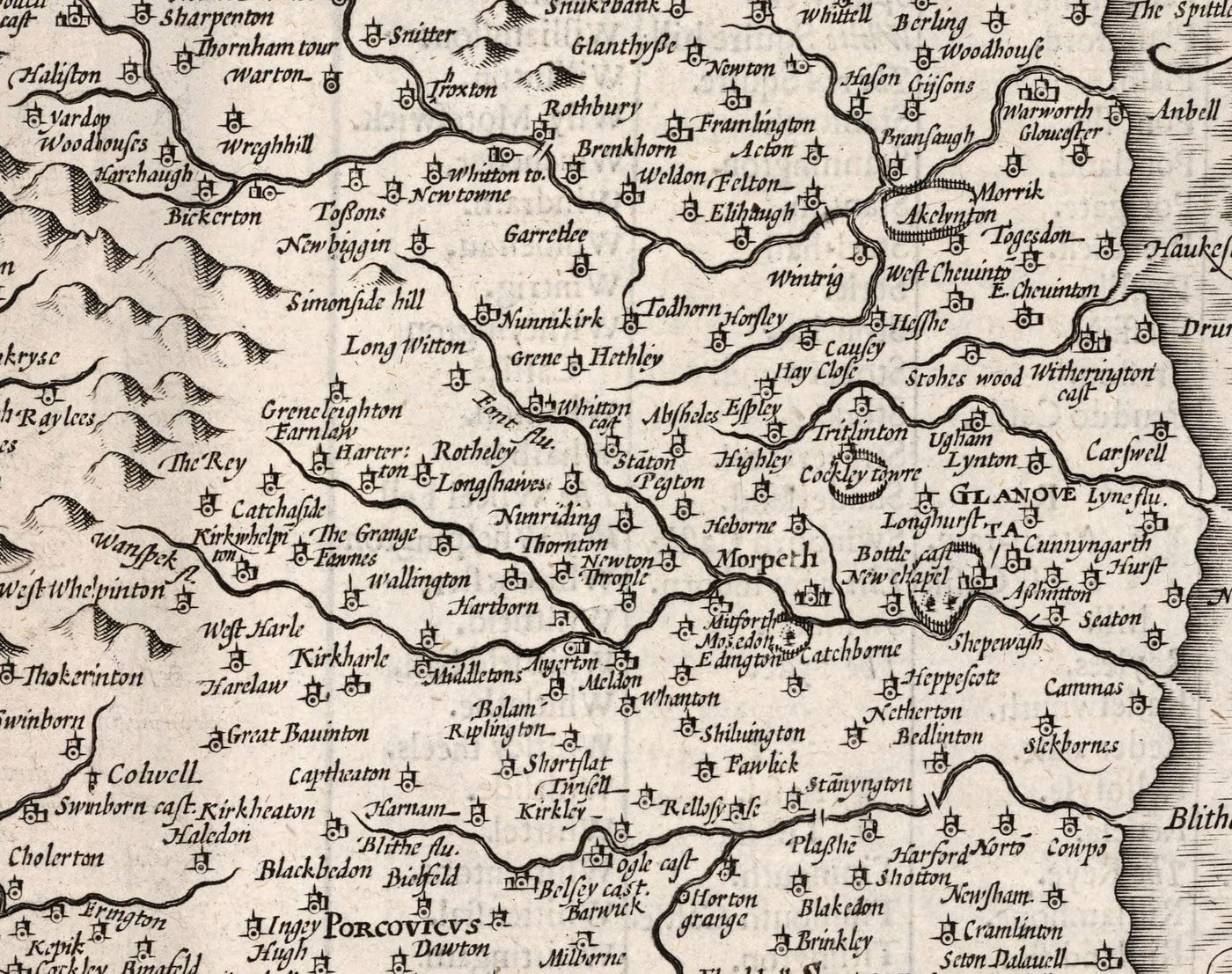 Old Map of Northumberland in 1611 - Newcastle, Gateshead, Hadrian's Wall, South Shields, Tyne and Wear