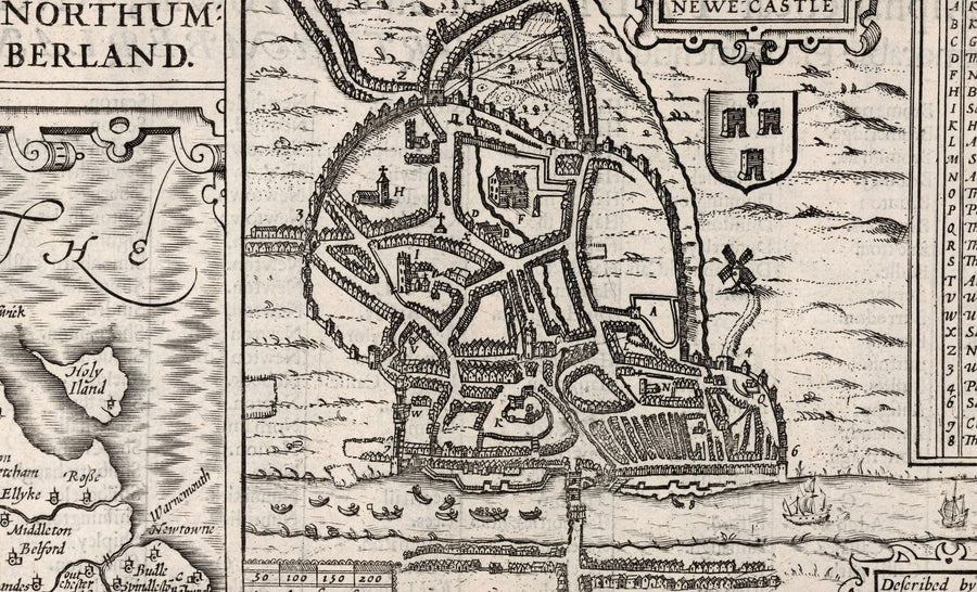 Ancienne carte de Northumberland en 1611 - Newcastle, Gateshead, Mur d&