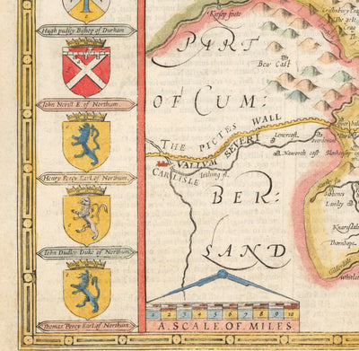 Alte Karte von Northumberland im Jahr 1611 von John Speed - Newcastle, Gateshead, Hadrianswall, Tyne und Wear 