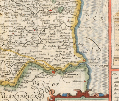 Alte Karte von Northumberland im Jahr 1611 von John Speed - Newcastle, Gateshead, Hadrianswall, Tyne und Wear 