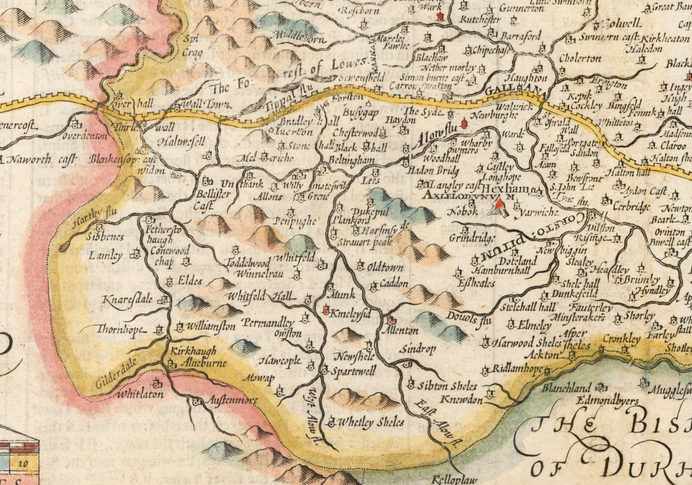 Alte Karte von Northumberland im Jahr 1611 von John Speed - Newcastle, Gateshead, Hadrianswall, Tyne und Wear 