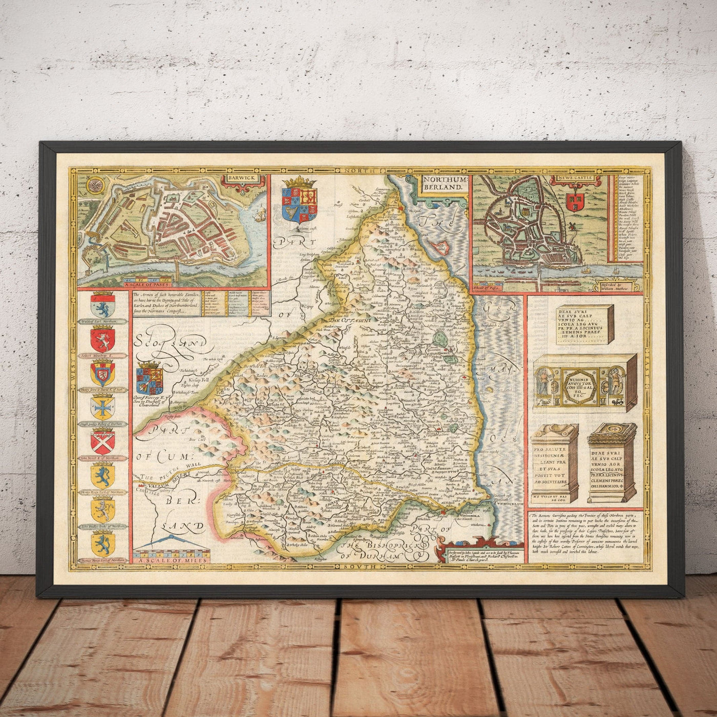 Alte Karte von Northumberland im Jahr 1611 von John Speed - Newcastle, Gateshead, Hadrianswall, Tyne und Wear 