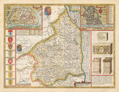 Alte Karte von Northumberland im Jahr 1611 von John Speed - Newcastle, Gateshead, Hadrianswall, Tyne und Wear 